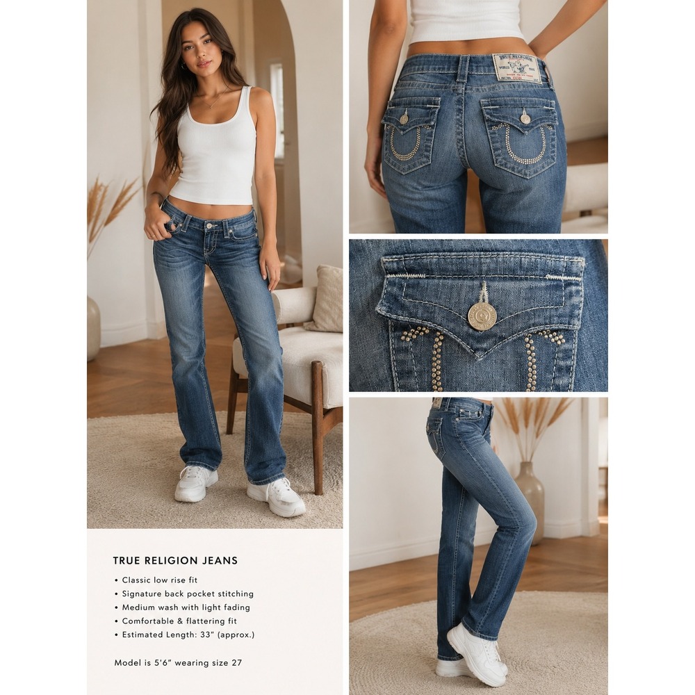 True Religion Flap Pocket Jeans  Low Rise Bootcut Denim Blue Studded Size 27